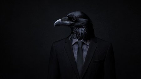 A striking image of a raven's head on a professional business suit, set against a dark background, combining elements of nature and sophistication in a surreal manner.の素材