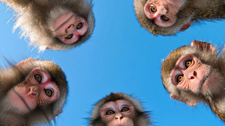 A captivating image featuring a group of curious monkeys looking upward, showcasing their unique expressions against a bright blue sky, illustrating their playful nature.の素材