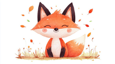 This charming illustration features a cute fox character with a joyful expression, surrounded by colorful autumn leaves, capturing the essence of a playful outdoor scene.の素材