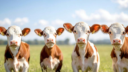 Four adorable brown and white calves stand together in a bright green field, showcasing a harmonious rural setting filled with natural beauty and friendly animals.の素材