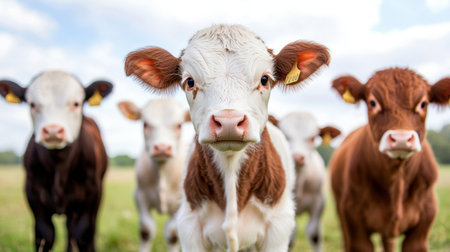 This image showcases a group of young calves curiously approaching the camera in a lush green pasture, embodying the essence of farm life with a serene backdrop.の素材