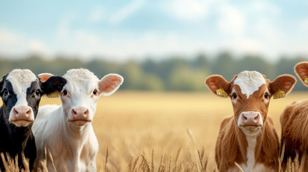 A charming scene featuring four young calves in a vibrant pasture. The golden wheat field and clear blue sky create a peaceful rural atmosphere ideal for agriculture themes.の素材