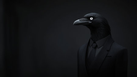 A striking and enigmatic illustration of a raven dressed in a formal suit against a dark background, conveying a blend of elegance, mystery, and creative expression.の素材