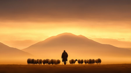 A shepherd stands silhouetted against a stunning sunset, guiding a flock of sheep through a breathtaking mountain landscape. The scene invokes tranquility and rural beauty.の素材