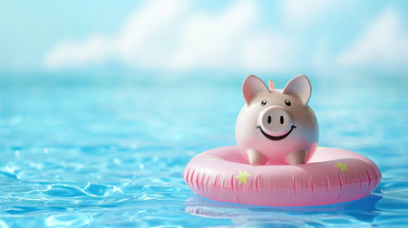 A delightful piggy bank smiles as it floats on a pink inner tube in a serene blue pool. This cheerful scene captures the essence of summer fun and playful relaxation.の素材