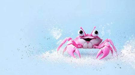 A cheerful cartoon pink crab with oversized eyes and a bright smile stands out against a light blue background. Sparkling effects enhance its playful and whimsical appearance.の素材