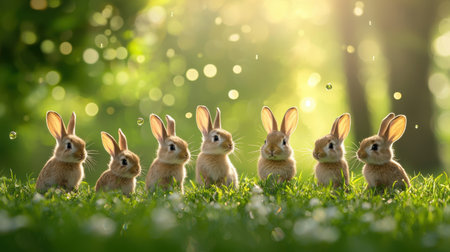 A charming scene featuring a group of cute baby rabbits on a grass meadow illuminated by gentle sunlight, creating a delightful and tranquil atmosphere in nature.の素材