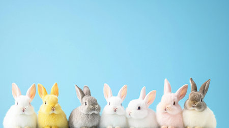 A charming arrangement of colorful plush bunnies in pastel shades sits against a soft blue background, creating a delightful scene perfect for spring or Easter themes.の素材