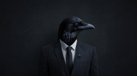 This intriguing image features a raven clad in a tailored suit, creating a surreal blend of animal and human characteristics. Ideal for concepts of identity and transformation.の素材