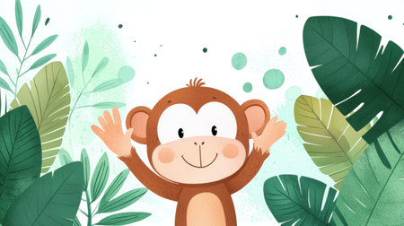 This delightful illustration features a cute cartoon monkey with a big smile, surrounded by lush green leaves, creating a cheerful and vibrant atmosphere ideal for kids' decor.の素材
