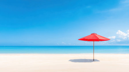 Discover a tranquil beach scene with a striking red umbrella on soft white sand, showcasing a clear blue sky and serene turquoise waters, perfect for relaxation.の素材