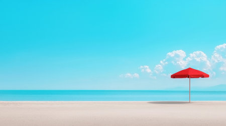 A stunning beach scene featuring a single red umbrella on pristine white sand under a clear blue sky with gentle clouds. Perfect for summer and vacation themes.の素材