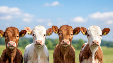 This image features four adorable calves standing in a vibrant green meadow, enjoying the sunny weather beneath a blue sky, perfect for farm or nature themes.の素材