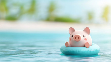 A charming pink pig rests happily on a bright blue inflatable ring in a calm pool, radiating joy and serenity under the warm summer sun with a vibrant background.の素材