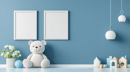 This image captures a cozy nursery setting featuring a soft teddy bear beside decorative houses and empty frames on a calming blue wall, creating a cheerful atmosphere.の素材