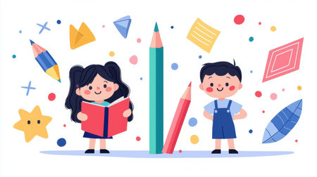Two happy children engage in reading and drawing, surrounded by colorful pencils and geometric shapes, symbolizing creativity and joy in a playful learning atmosphere.の素材