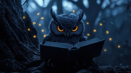 An intriguing owl with shining eyes sits on an open book, surrounded by glowing symbols in a dark forest. The scene evokes mystery and a sense of wonder.の素材