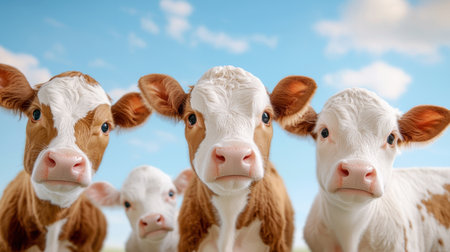 A group of young calves curiously gazes at the camera in a sunny pasture, showcasing their adorable features. Ideal for themes related to farming and animal welfare.の素材