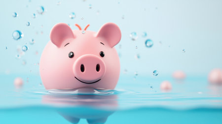 A cheerful pink piggy bank floats happily in clear blue water, surrounded by shimmering bubbles. This fun image symbolizes playful savings and creative investments.の素材