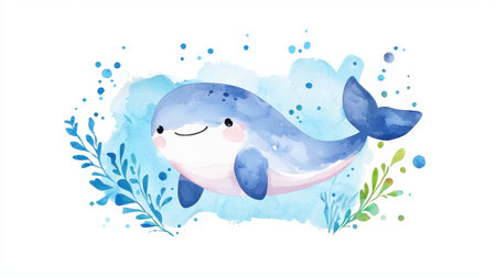 This delightful whale illustration features soft watercolors on a playful background, perfect for children's products, educational resources, or decorative art.の素材