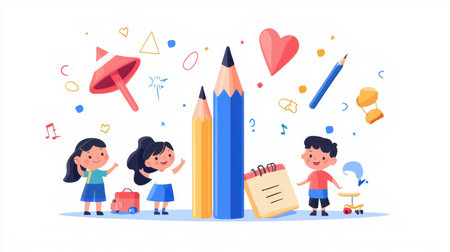 This vibrant and playful illustration features cheerful children engaging in fun activities with colorful school supplies and toys, capturing the essence of joy and creativity.の素材