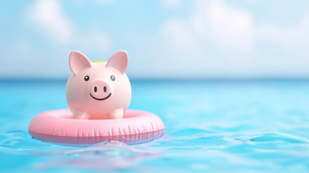 A cheerful pink piggy bank floats on a bright inflatable ring in clear blue water, embodying the spirit of summer fun and the importance of saving money efficiently.の素材