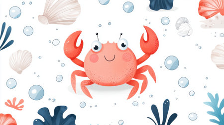 This delightful illustration features a cheerful cartoon crab amid seashells, bubbles, and aquatic plants, perfect for fun ocean-themed projects or children's decor.の素材