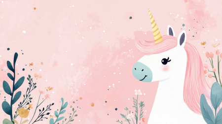 A charming unicorn illustration featuring a playful design on a soft pink background. Ideal for children's themes, nursery decor, and creative projects.の素材