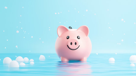 A charming pink piggy bank floats in clear water, surrounded by soft bubbles. This image symbolizes savings and financial growth, with a cheerful vibe perfect for creative projects.の素材
