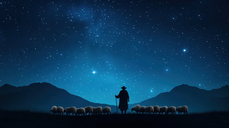 A calm shepherd stands among a flock of sheep, gazing at the vast starry sky and majestic mountains. This serene scene captures the beauty of nature at night.の素材