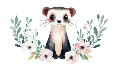 This vibrant illustration features a cute cartoon ferret surrounded by lovely flowers and greenery. Perfect for children's decor and playful designs.の素材