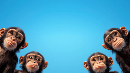 This captivating image features four curious chimpanzees looking intently at the viewer, set against a bright blue background, showcasing their playful nature and expressive features.の素材