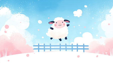A whimsical illustration of a cheerful cartoon sheep joyfully jumping over a rustic fence against a backdrop of fluffy clouds and a bright blue sky, evoking happiness.の素材