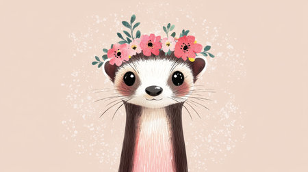 This charming illustration features an adorable cartoon ferret with a flower crown, perfect for children's books, posters, or home decor to brighten any space.の素材
