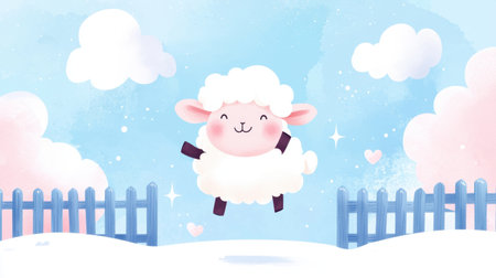 A cheerful cartoon sheep joyfully jumps in a bright blue sky, surrounded by fluffy clouds and a charming fence, capturing a playful and whimsical atmosphere.の素材