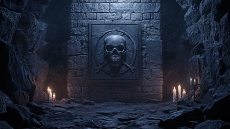 A dark cave setting with a stone wall featuring a prominent skull emblem. Flickering candles illuminate the space, creating a mysterious and eerie atmosphere perfect for fantasy themes.の素材