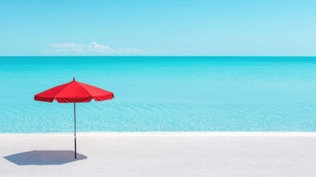 A peaceful beach scene showcases a vibrant red umbrella on soft white sand against a backdrop of clear turquoise water and a bright blue sky, perfect for relaxation.の素材