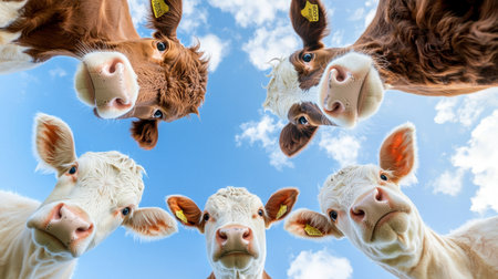 A captivating view of curious cows gazing curiously into the camera from below, set against a bright blue sky filled with fluffy clouds, showcasing rural beauty.の素材