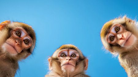 This captivating image features a group of three monkeys curiously looking up against a bright blue sky, highlighting their expressive faces and playful nature.の素材