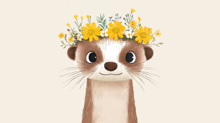 Adorable cartoon otter features a beautiful floral crown, radiating happiness with a cheerful smile. This charming illustration captures joy and playfulness, perfect for kids' art.の素材