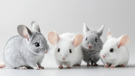 This charming stock photo features a group of fluffy rabbits and mice with oversized ears, showcasing their adorable personalities in a soft light setting.の素材