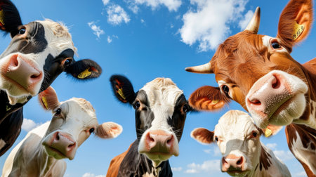 A group of curious cows looks directly at the camera from a low angle, set against a striking blue sky and fluffy white clouds, capturing a delightful farm moment.の素材