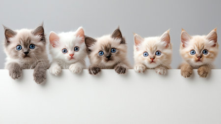 This charming image features five delightful kittens with bright blue eyes gazing curiously over a white surface. Their playful expressions and soft fur create a heartwarming scene.の素材