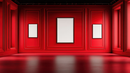 A modern gallery interior featuring vibrant red walls with three empty frames, designed for showcase and artistic expression in a creative environment.の素材