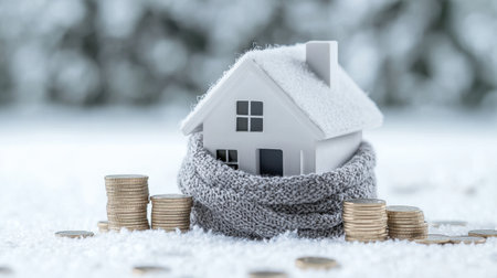 A charming white house model wrapped in a cozy grey scarf, positioned amidst stacks of coins on a snowy surface, symbolizing warmth in financial planning during winter.の素材