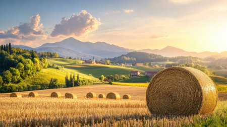 A breathtaking rural scene featuring golden hay bales illuminated by warm sunlight during sunset, surrounded by lush green hills and majestic mountains in the distance.の素材