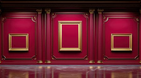 This elegant gallery features rich red walls adorned with intricate gold frames, creating a luxurious atmosphere ideal for art exhibitions or showcasing masterpieces.の素材