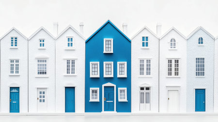 This artistic arrangement of miniature houses showcases a striking blue centerpiece amidst a row of white structures, emphasizing style and architectural detail in design.の素材