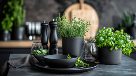 This captivating kitchen scene showcases fresh herbs in stylish pots, elegant tableware, and a modern design, creating an inviting culinary atmosphere perfect for any home chef.の素材