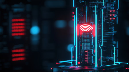 This visually striking image captures a futuristic data center, featuring vibrant neon lights and a prominent Wi-Fi signal. It represents advanced technology and connectivity.の素材